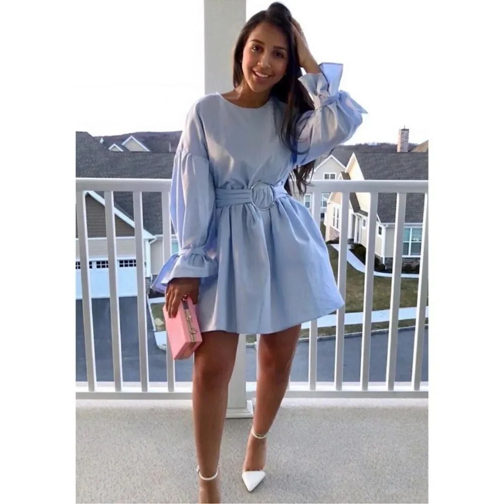 Zara Sky Blue Poplin Dress with Buckle Belt NEW Size Small Blogger Favorite